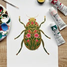 Gold Gild Hand painted Beetle with Red and Pink Florals 