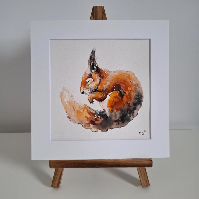 Original Squirrel Painting, Watercolour Art, 15x15cm, Mounted 8x8"
