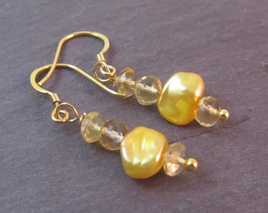 Yellow Pearl Citrine Earrings, Pearl Earrings, Yellow Earrings