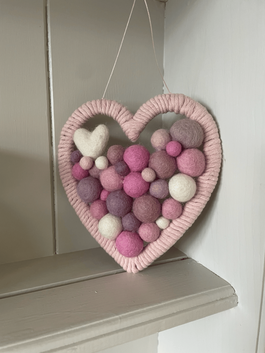 Pretty nursery, playroom marino wool filled heart macrame wall art, new baby 