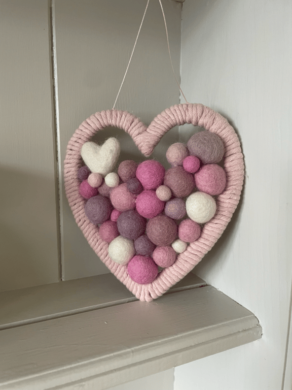 Pretty nursery, playroom marino wool filled heart macrame wall art, new baby 