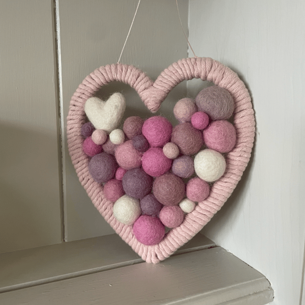 Pretty nursery, playroom marino wool filled heart macrame wall art, new baby 