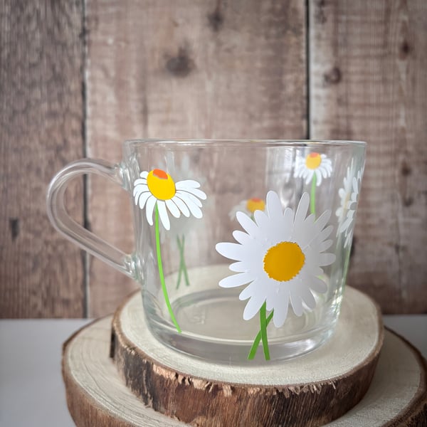 Daisy Glass Coffee Mug, Hand-Lettered Floral Design
