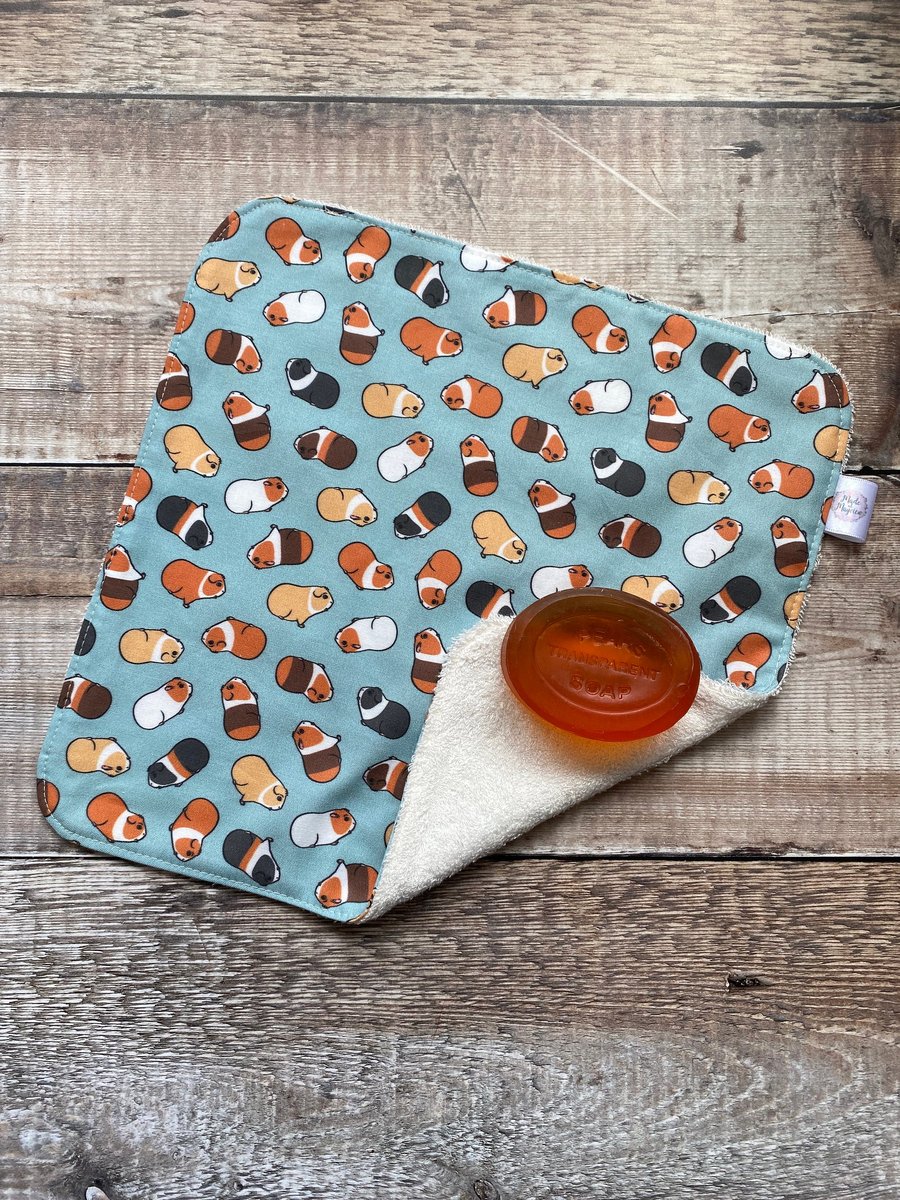 Organic Bamboo Cotton Wash Face Wipe Cloth Flannel Teal Tossed Guinea Pig