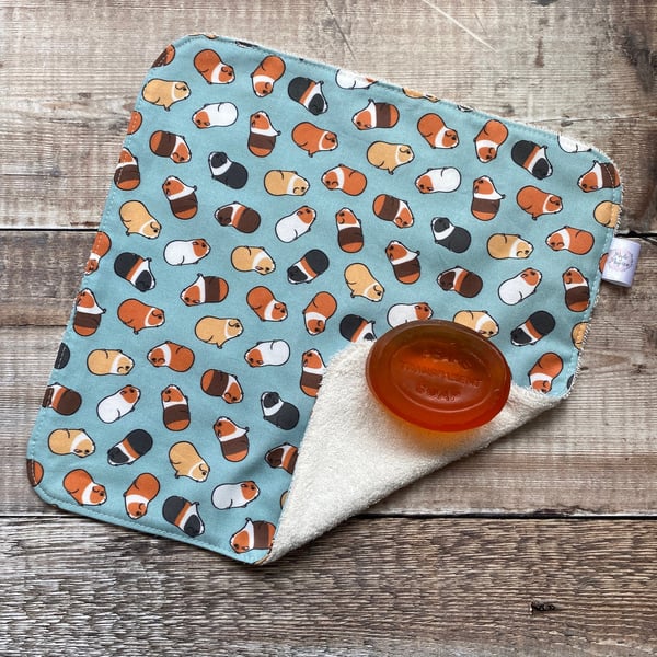 Organic Bamboo Cotton Wash Face Wipe Cloth Flannel Teal Tossed Guinea Pig