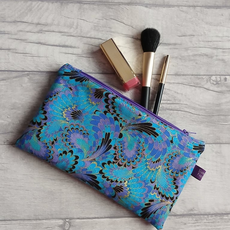 Blue and Purple Marbled Effect Zip Top Storage Bag, Make Up Bag, Pencil Case