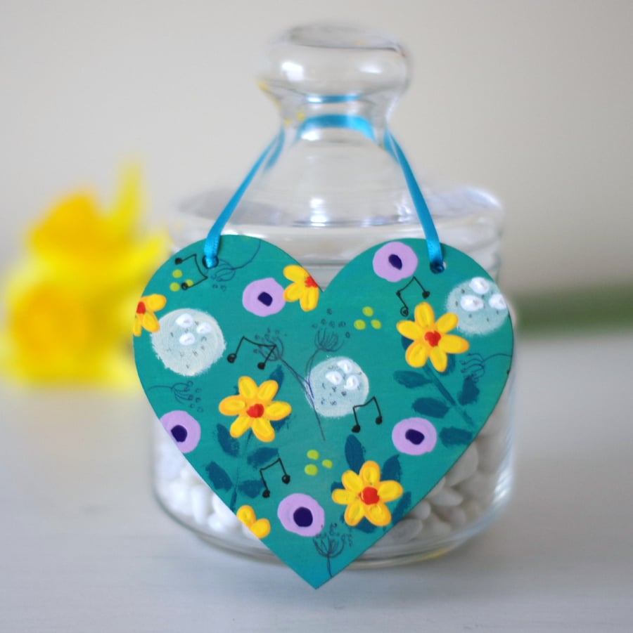 Turquoise Hanging Heart with Yellow Flowers, Easter Hanging Decoration