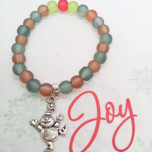 Multi Coloured Frosted Beads and Silver Dancing Snowman Bracelet, Stocking Fille