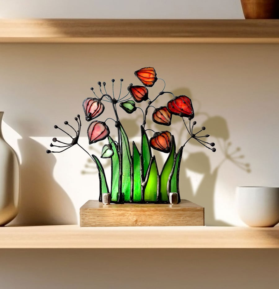 Stained Glass Chinese Lantern Plant on Oak base Suncatcher Lamp