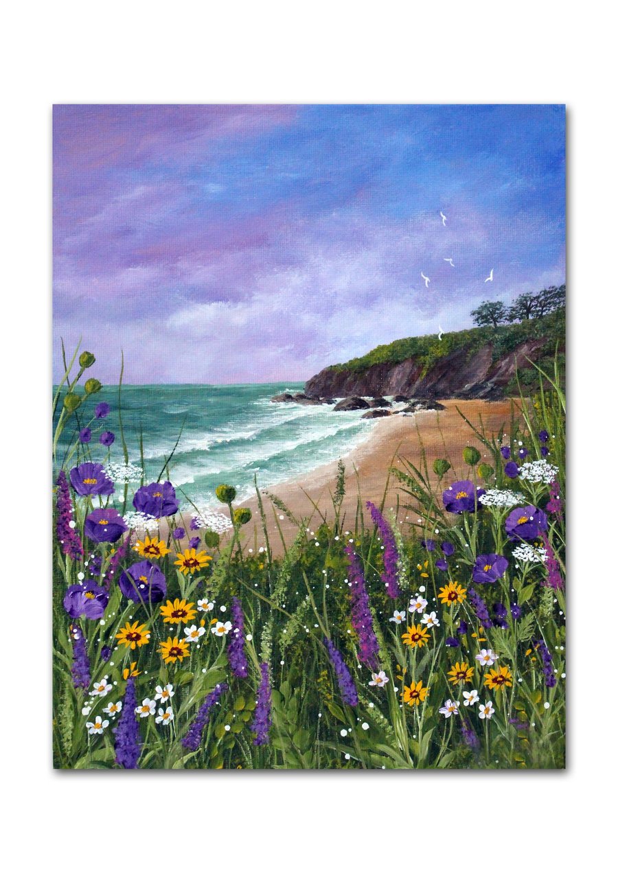 Original Painting: "Wildflowers by the Coast" 12" x 9" on Canvas Board