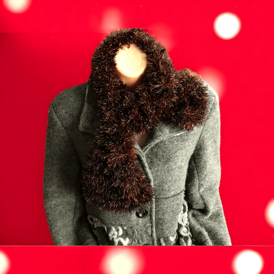 Scarf, Copper & Black Tinsel Style Thick Scarf Handcrafted Knitted Scarves, Gift