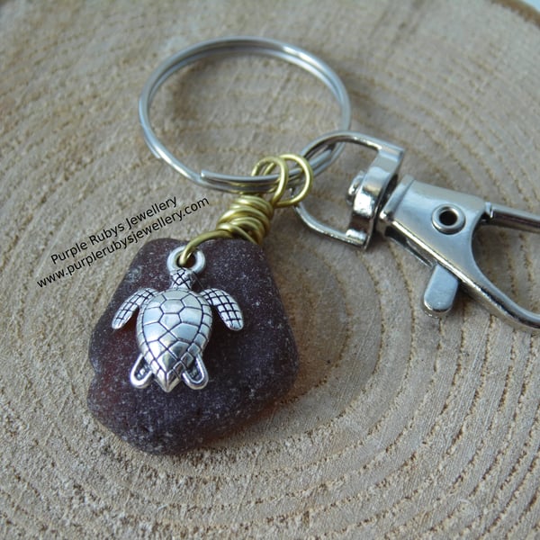 Amber Sea Glass with Turtle Bag Charm Key Ring K245