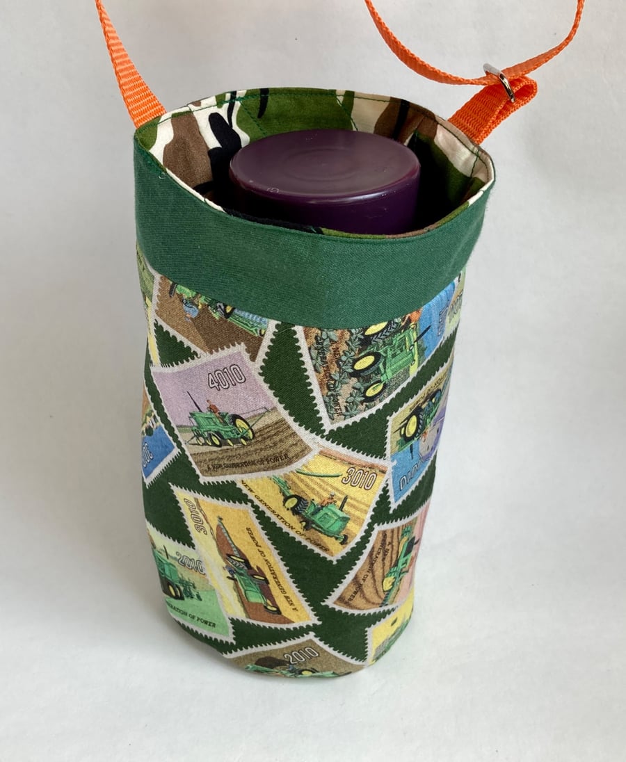 Water bottle carrier with pocket for phone. Green tractor and camo fabric