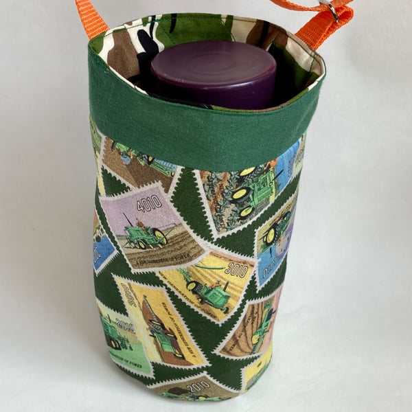 Water bottle carrier with pocket for phone. Green tractor and camo fabric