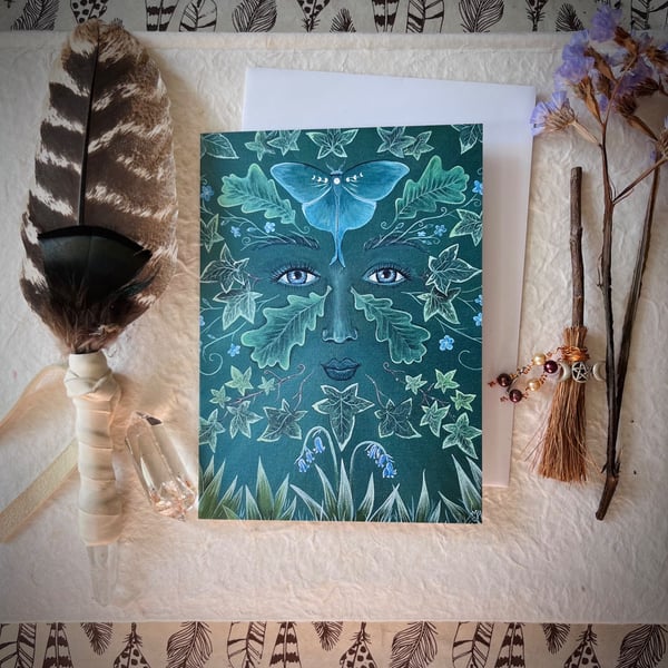 Green Woman Magical Greetings Card (Pagan,Wiccan,Moon,Goddess)