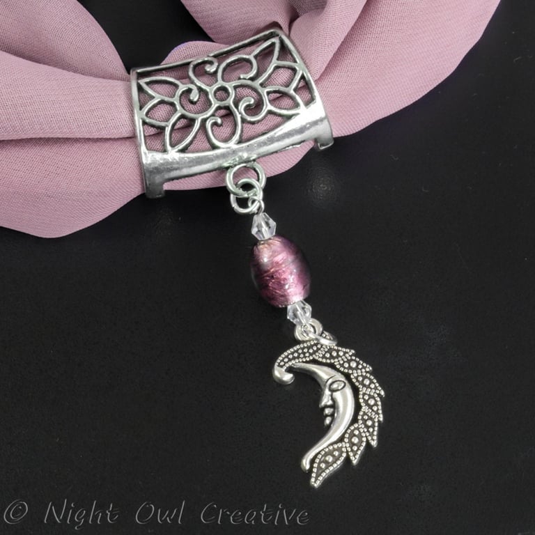 Crescent Moon Scarf Ring, Man in the Moon Charm, Foiled Glass Beading