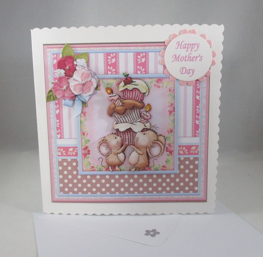Mothers Day, cute mice greeting card,cup cakes,3D, Decoupage