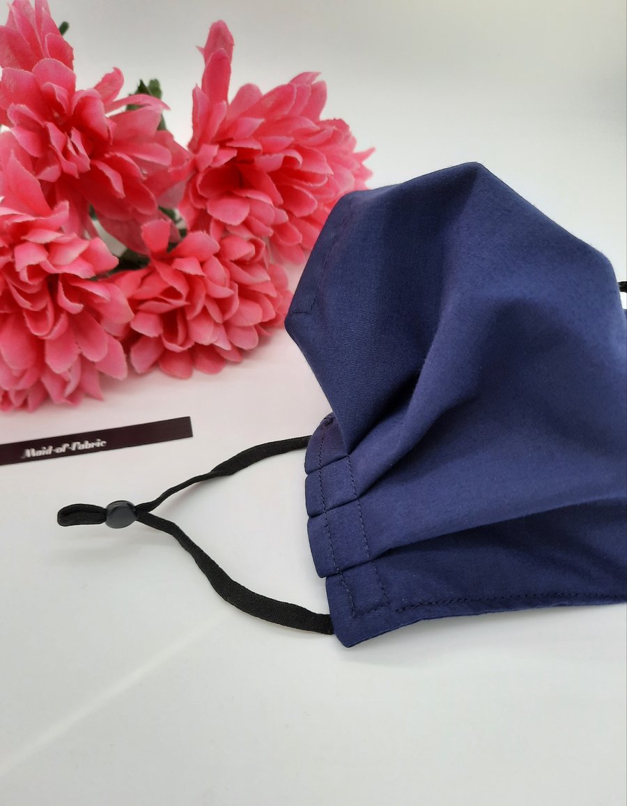 Face mask, medium,  navy, 3 layer, nose wire,  adjustable.  