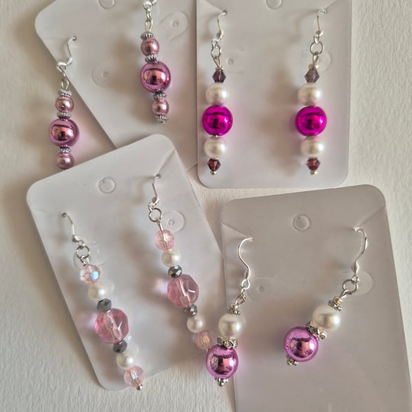 'Pink & Pearl' set of four handmade earrings.
