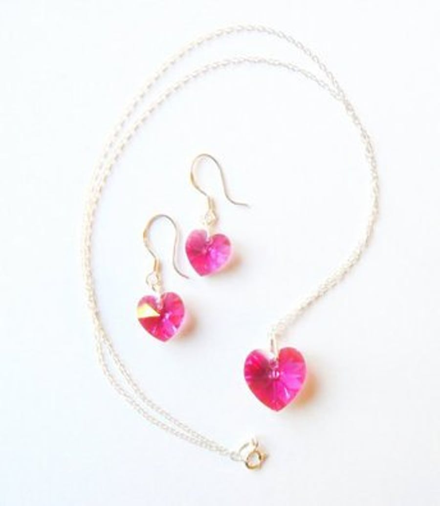 Swarovski Crystal Fuschia Pink AB Pendant and Earring Set