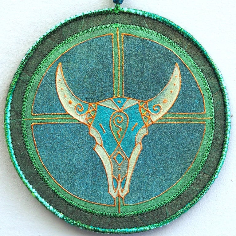 BTM001 - Buffalo Skull Totem Mandala - 15cm diameter-Green-Turquoise-Blue-Copper