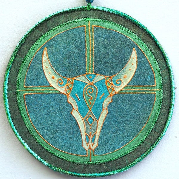 BTM001 - Buffalo Skull Totem Mandala - 15cm diameter-Green-Turquoise-Blue-Copper