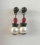 white, red & black earrings, dangle pearl & quartz  - Image 5