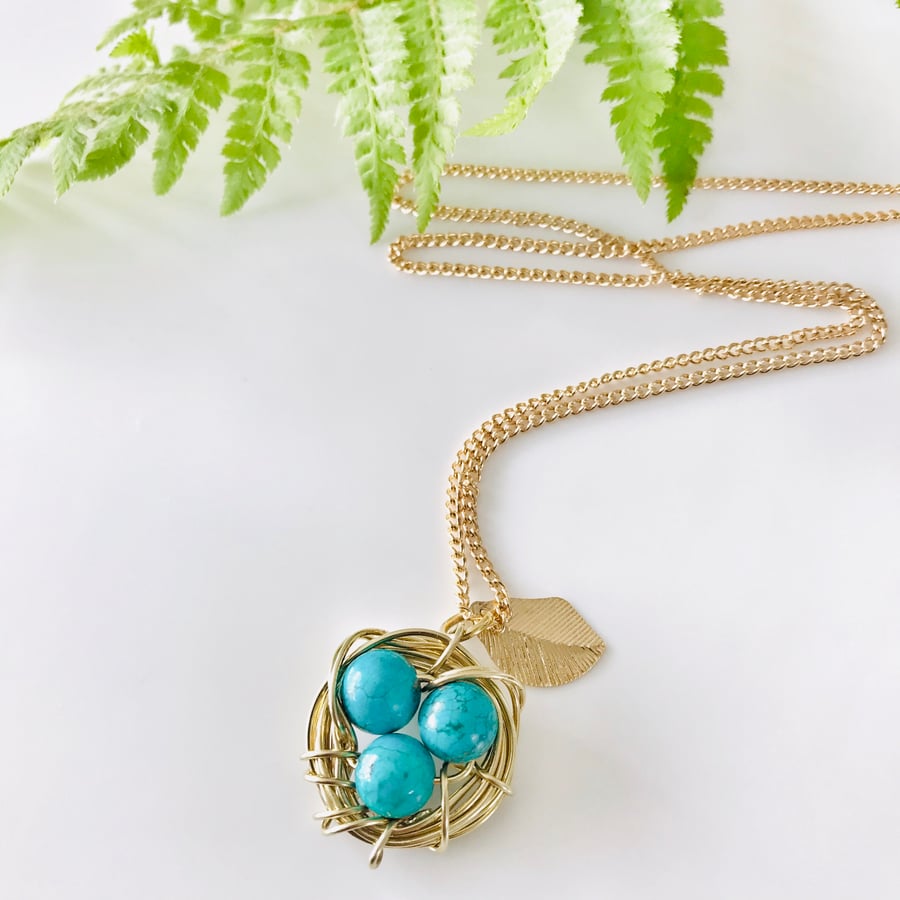 Handmade birds nest pendant necklace with turquoise beads 