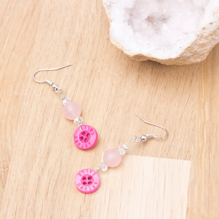  Pink button earrings with beads - Bright Button jewellery