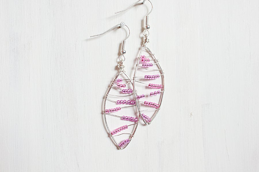 Pink beaded leaf shaped silver wire wrapped handmade drop earrings 