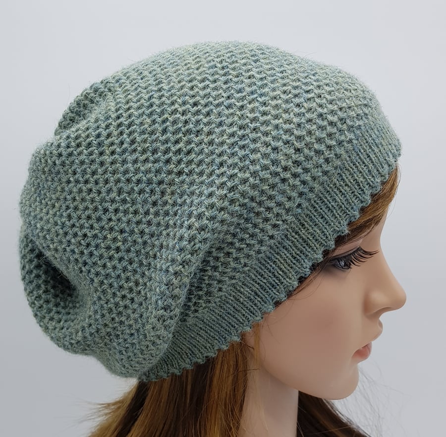 Handmade alpaca hat, knitted baggy beret, slouchy beanie for women