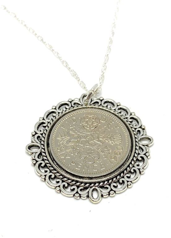 Fancy Pendant 1960 Lucky sixpence 65th Birthday plus a Sterling Silver 24in Chai