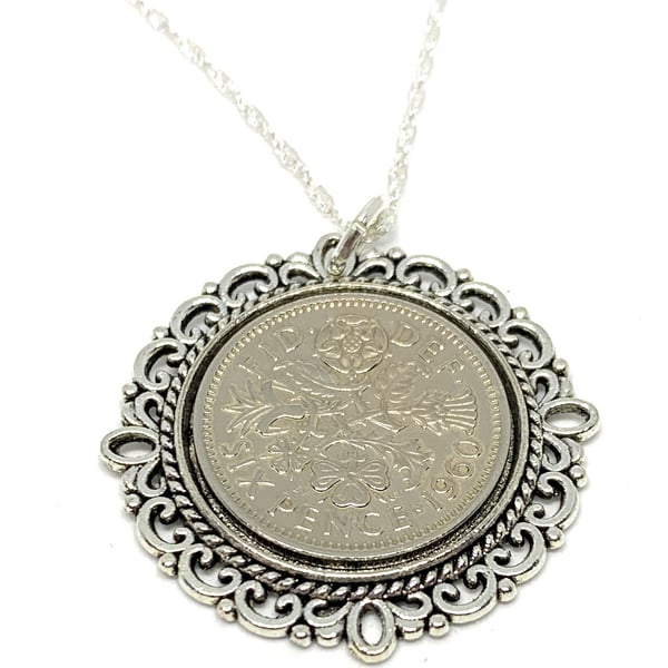 Fancy Pendant 1960 Lucky sixpence 65th Birthday plus a Sterling Silver 24in Chai