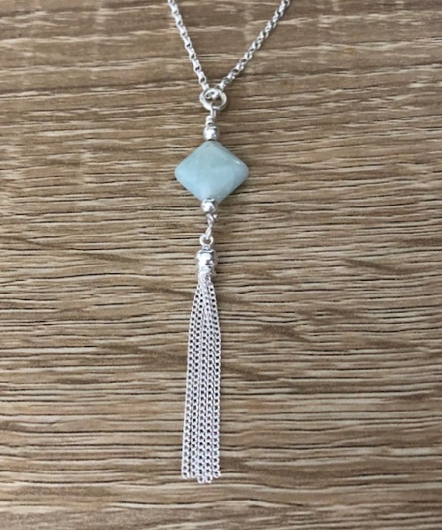 Sterling Silver Aquamarine Gemstone Tassel Necklace