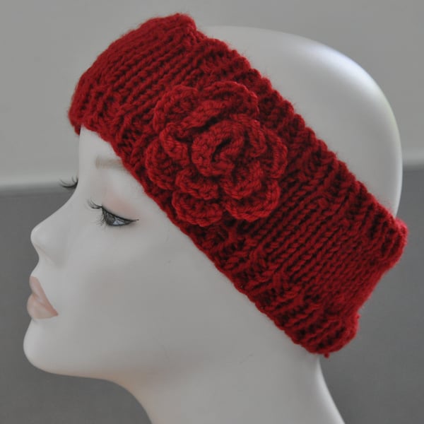 Ladies Hand Knitted Headband Ear Warmer Head Band Crochet Flower Red