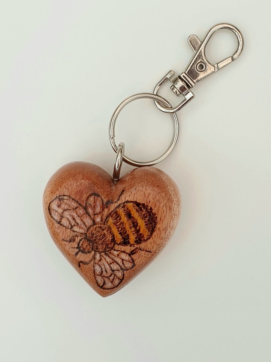 Double-sided Bee Happy wooden heart keyring