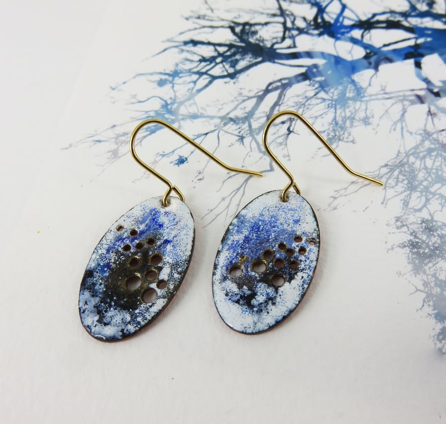 Dangle Earrings in Blue, Black and White Enamel with Hole Punch Detail