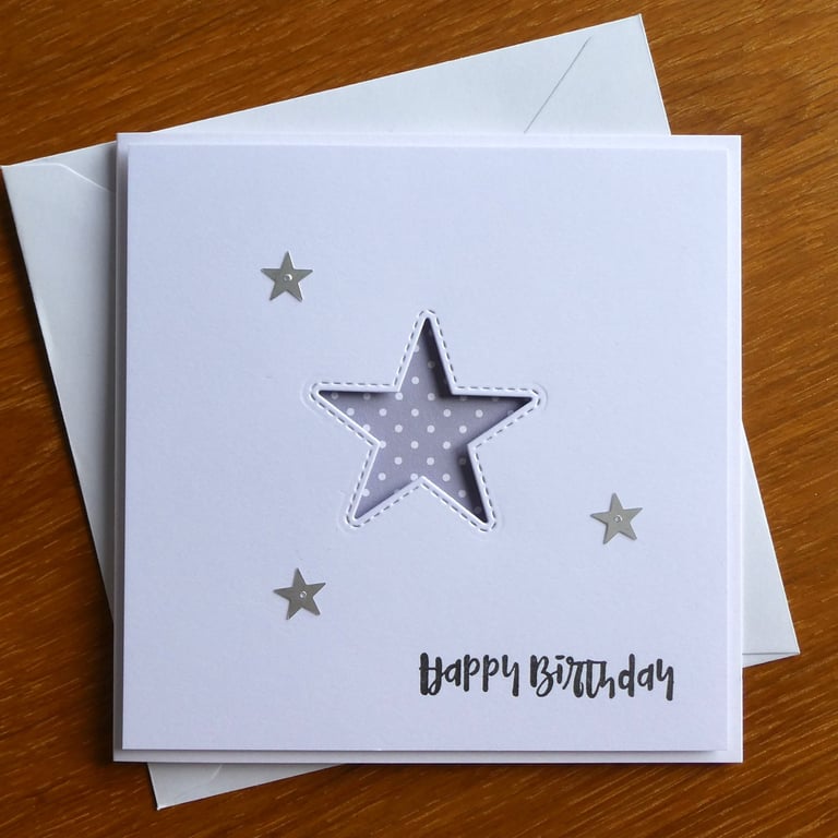 Grey and White Polka Dot Star Aperture Birthday Card
