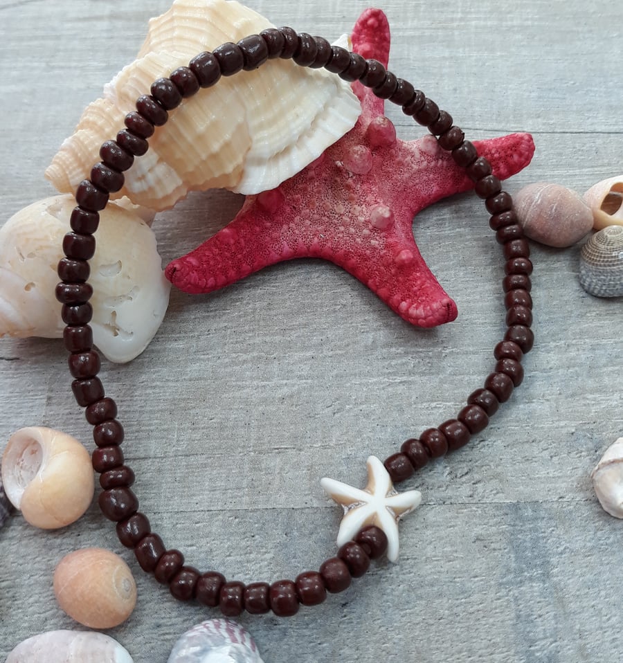 AL41 Brown beaded anklet with starfish