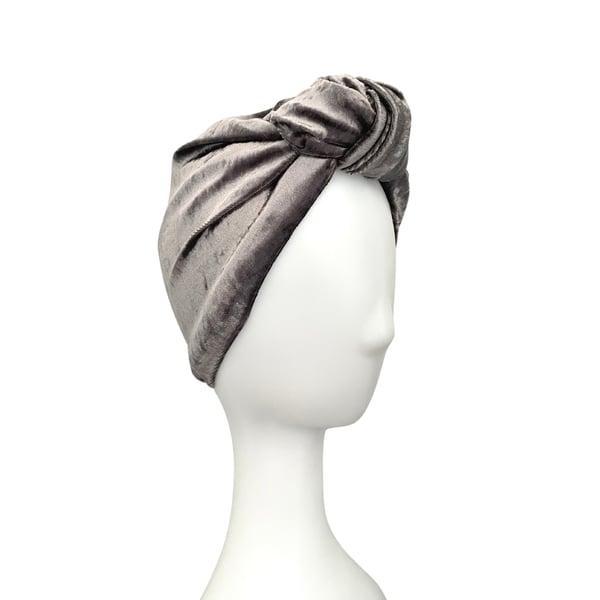 Full Velvet Turban Hat for Women Silver Grey Front Knot Vintage Style Turban Hat