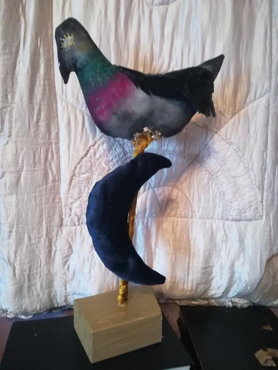Primitive, folk art style textile art sculpture, pigeon and moon decoration