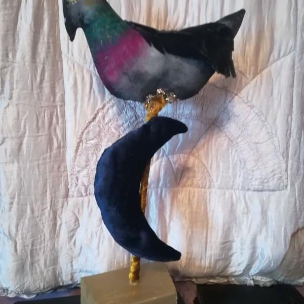 Primitive, folk art style textile art sculpture, pigeon and moon decoration