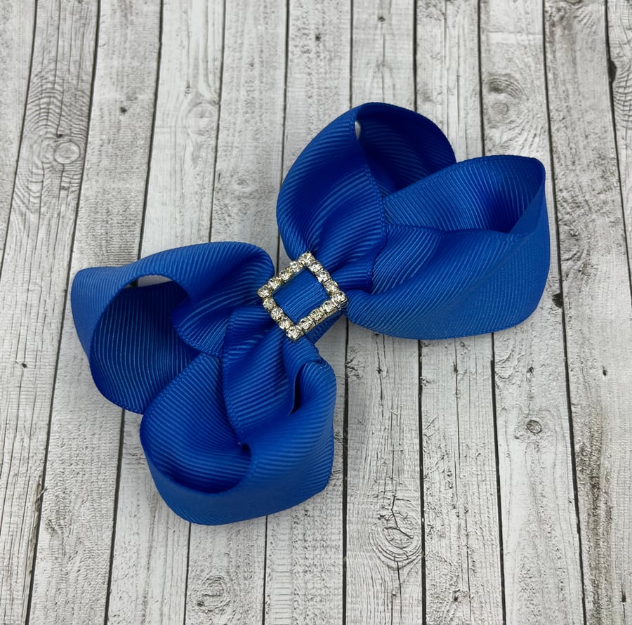 4 inch Royal Blue Boutique Bow with Diamante Buckle
