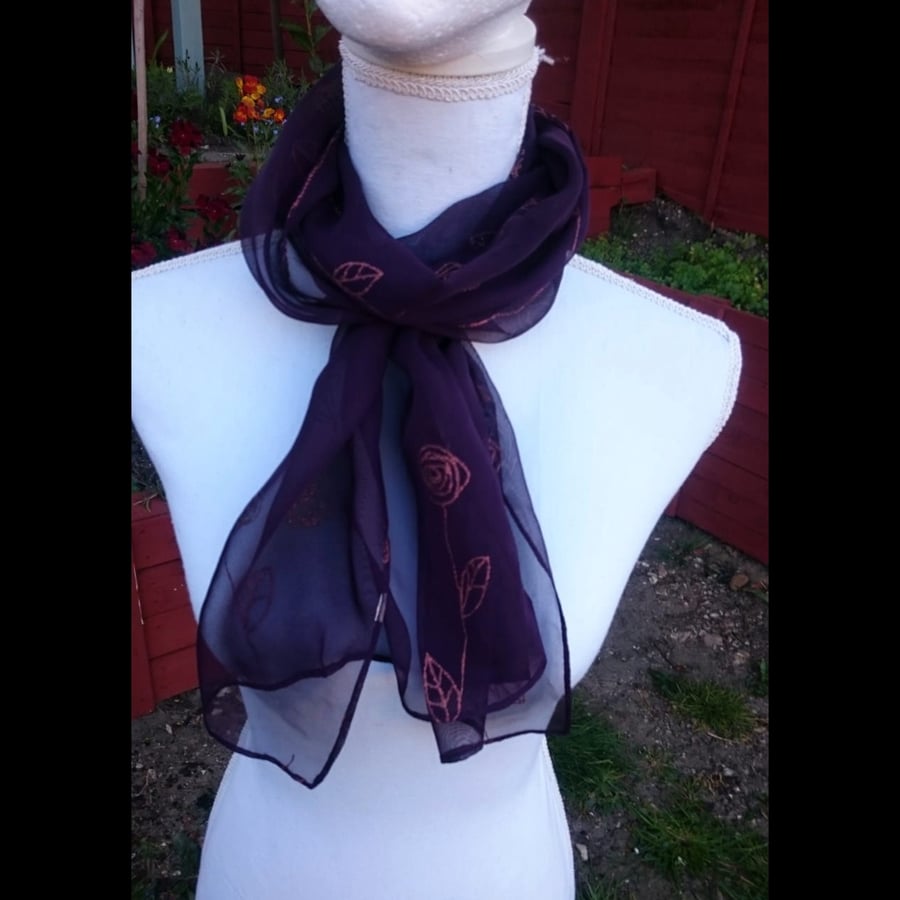 Dark purple chiffon gold roses pattern scarf Spring Freshness ShawlGift for HerS