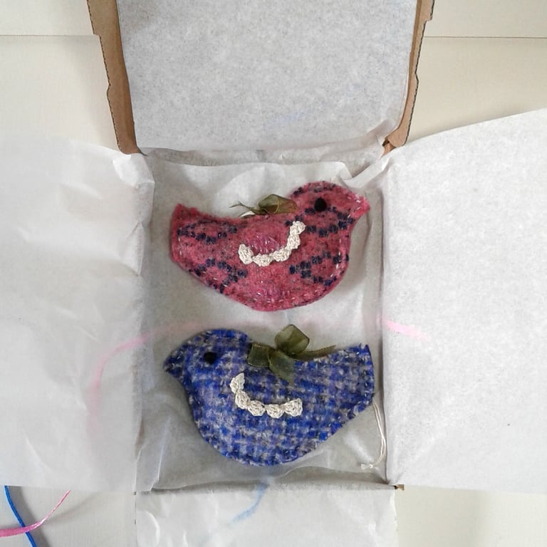 Wedding keepsake gift, two little birds made from wool felt with crocheted wings