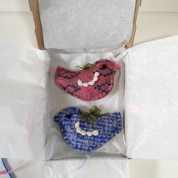 Wedding keepsake gift, two little birds made from wool felt with crocheted wings