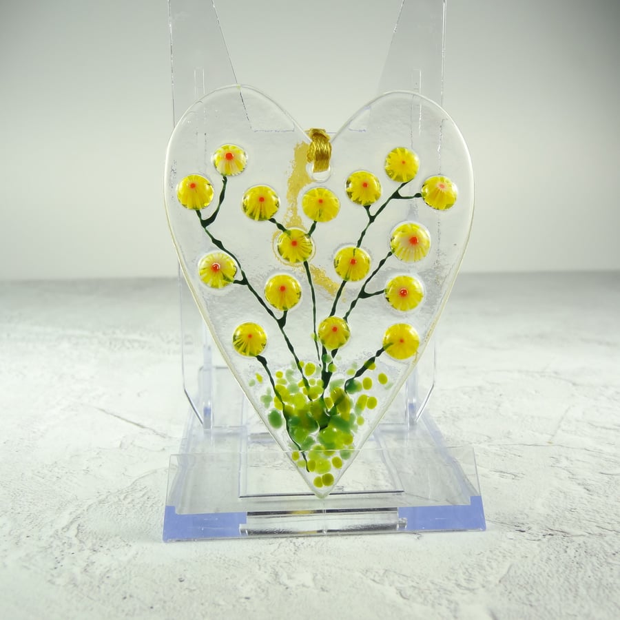 Yellow floral heart shaped fused glass suncatcher, handcrafted, 6.5 x 9cm (0232)