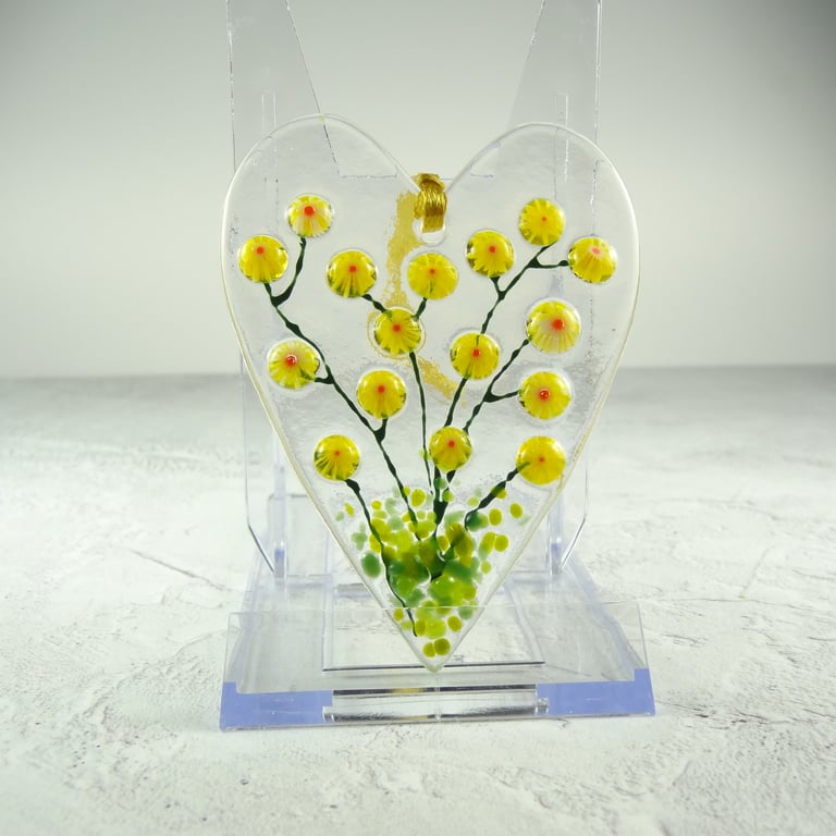 Yellow floral heart shaped fused glass suncatcher, handcrafted, 6.5 x 9cm (0232)