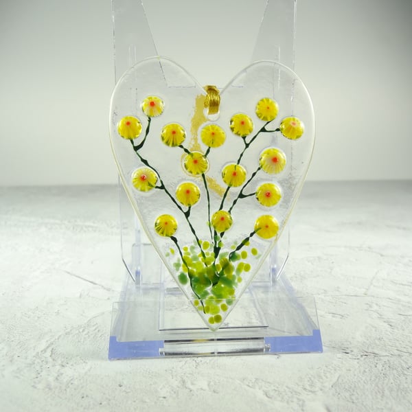 Yellow floral heart shaped fused glass suncatcher, handcrafted, 6.5 x 9cm (0232)