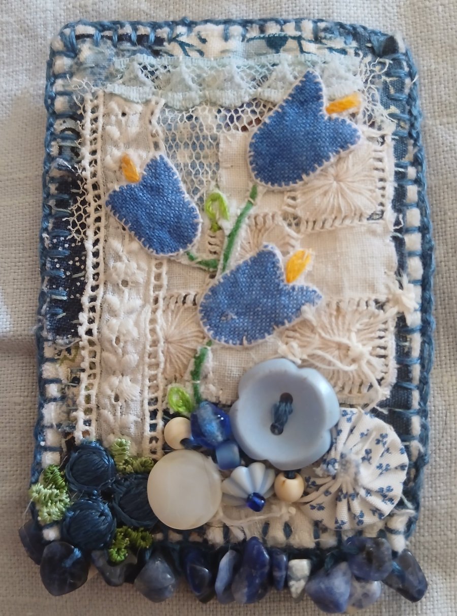Blue flower textile art brooch